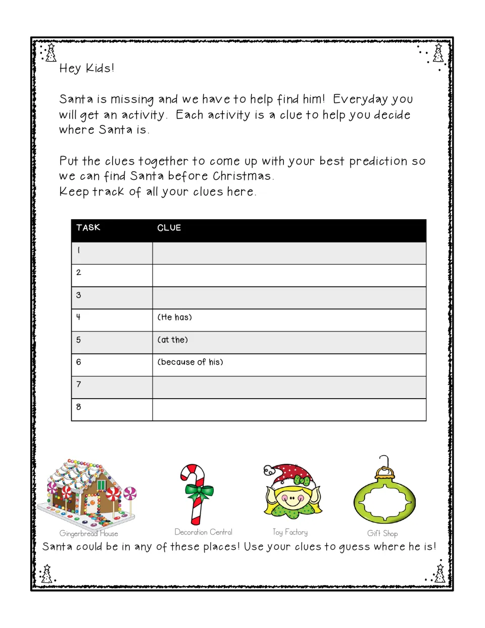 Santa mystery clue tracker for tasks 1–8, naming Gingerbread House, Decoration Central, Toy Factory, and Gift Shop