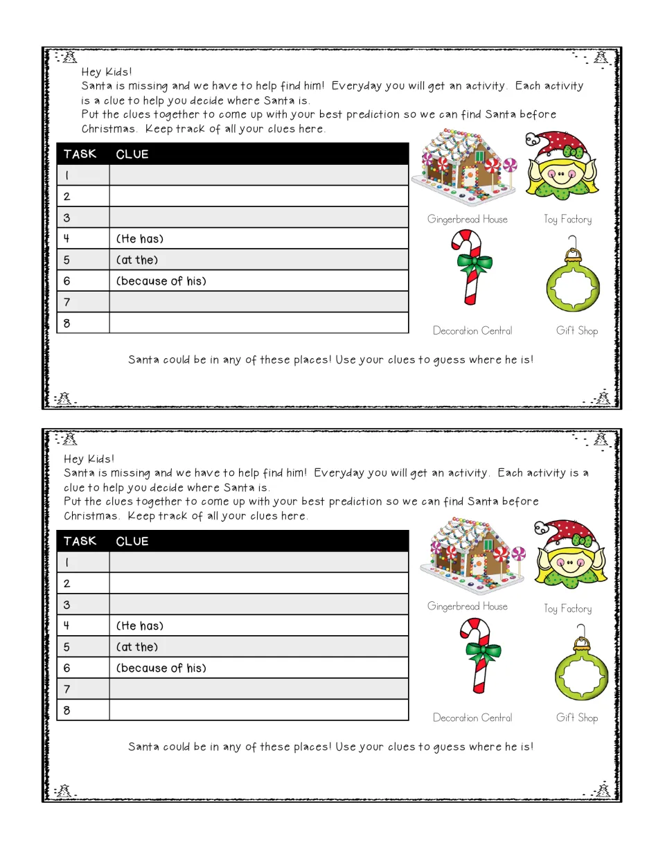 Two copies of the Santa mystery clue tracker, each recording eight clues and naming four possible hiding places