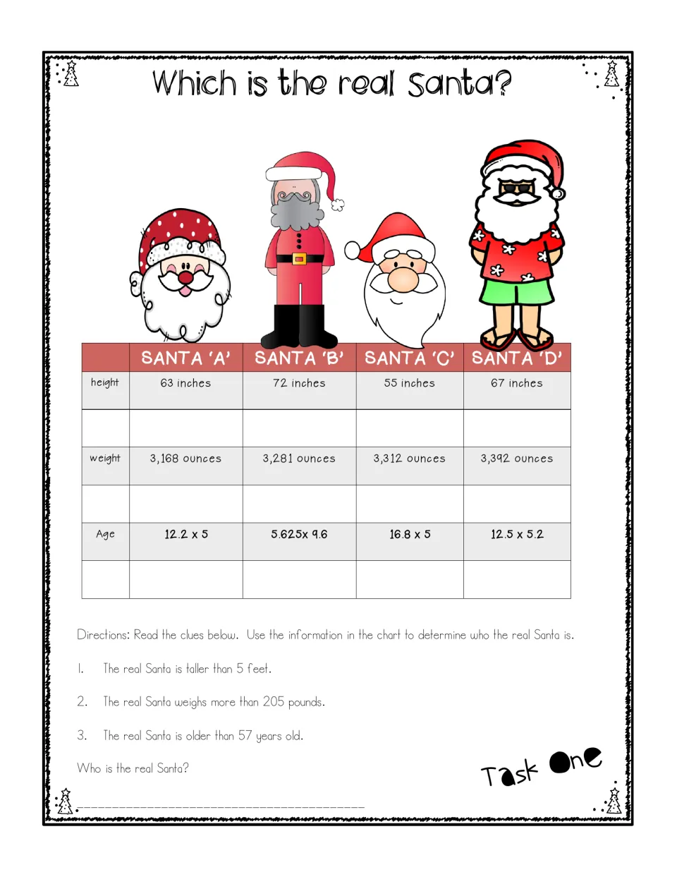 Task 1 asks students to identify the real Santa using height and weight conversions, decimal products, and clues