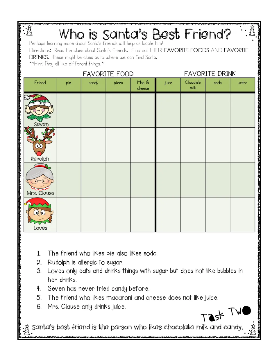 Task 2 uses six logic clues about favorite foods and drinks to identify which friend is Santa’s best friend
