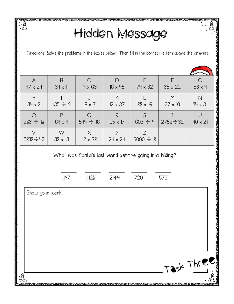 Task 3 reveals Santa’s last word before hiding by matching whole-number multiplication and division answers to letters