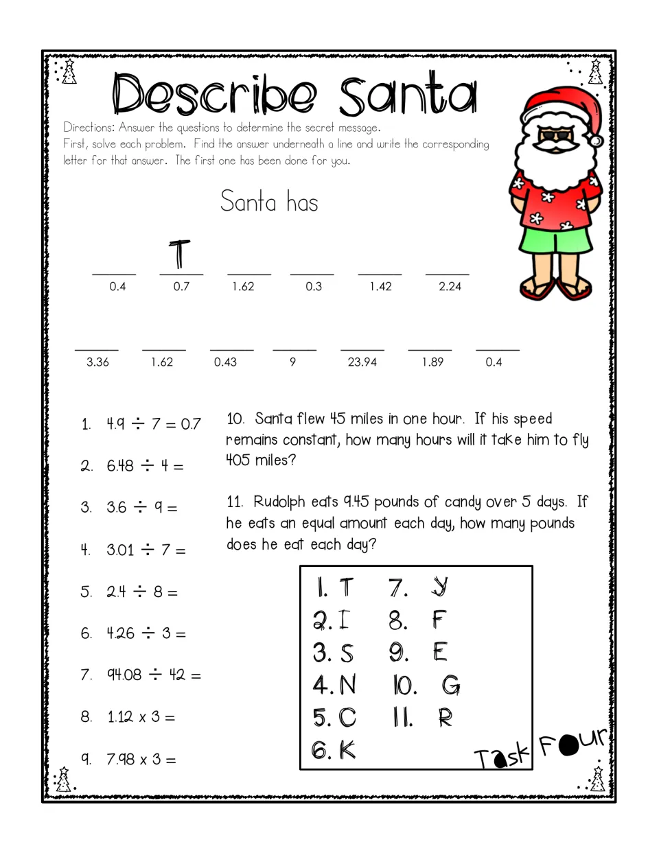Task 4 uses decimal multiplication, division, and two word problems to decode a phrase beginning “Santa has”