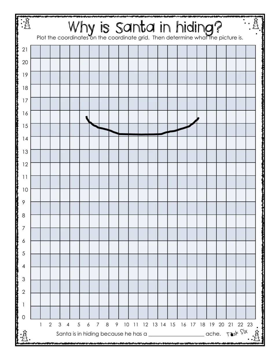Task 6 asks students to plot coordinates to reveal a picture and complete the clue about why Santa is hiding
