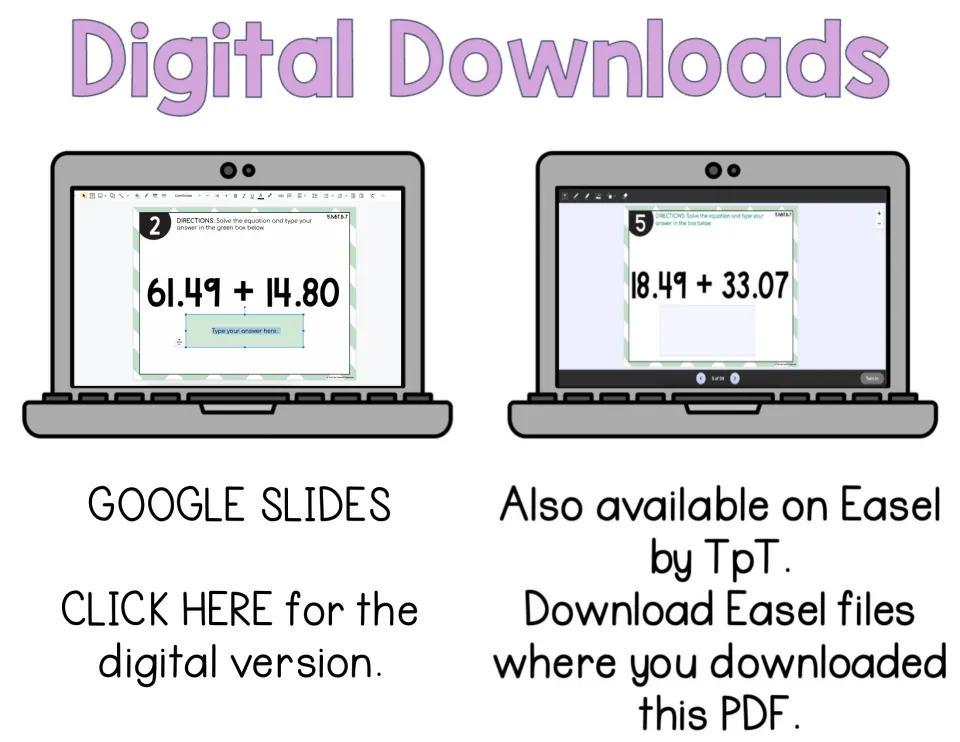 Digital Downloads: laptops show Google Slides and Easel versions of the decimal cards where students type each answer