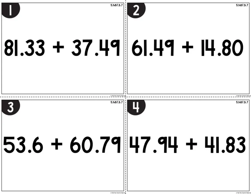 Adding decimals, cards 1-4: students solve 81.33 + 37.49, 61.49 + 14.80, 53.6 + 60.79 and 47.94 + 41.83