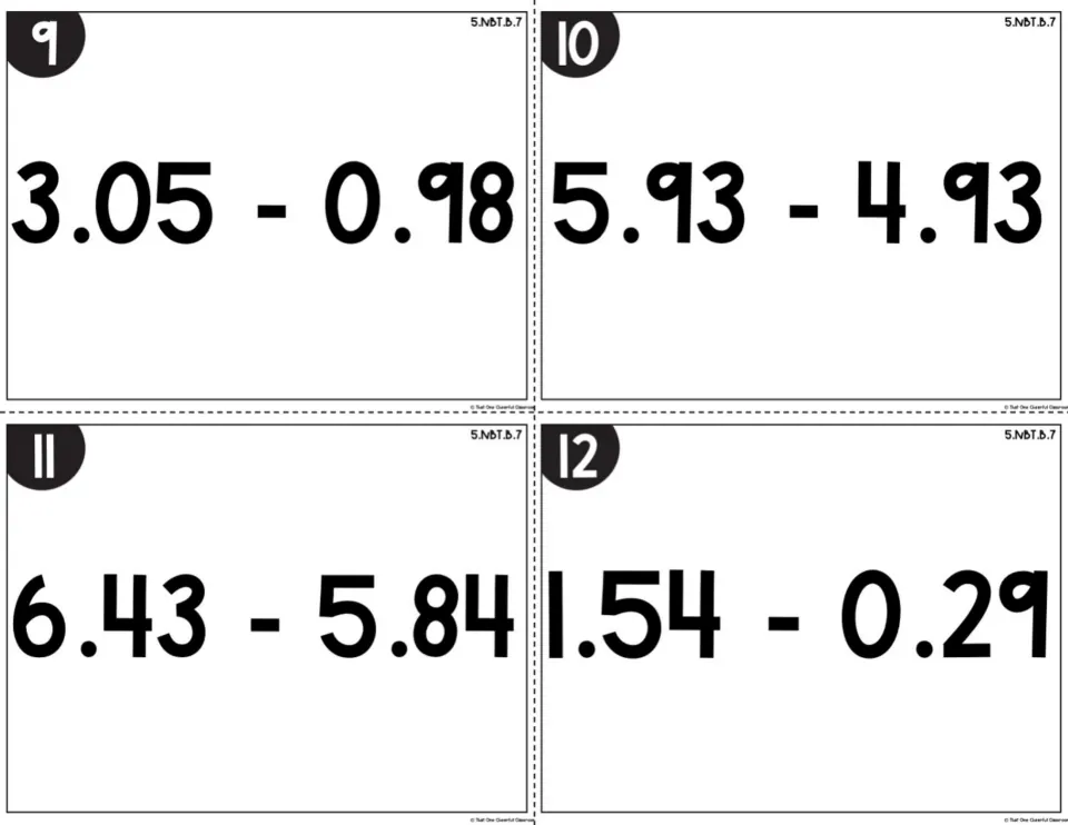 Subtracting decimals, cards 9-12: students solve 3.05 - 0.98, 5.93 - 4.93, 6.43 - 5.84 and 1.54 - 0.29