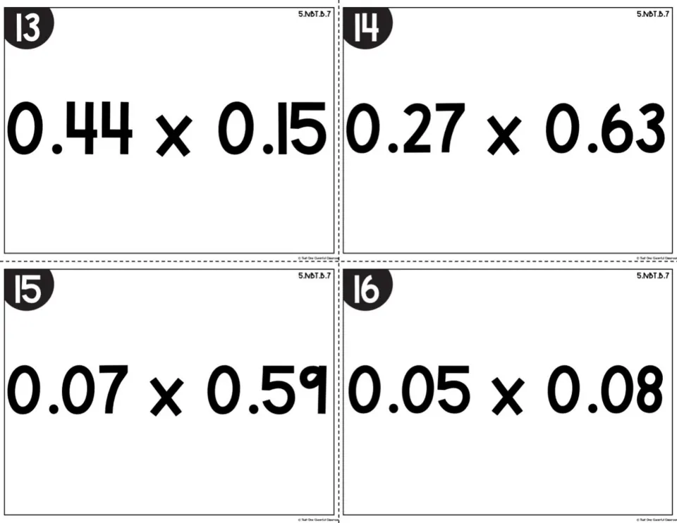 Multiplying decimals, cards 13-16: students find products of hundredths such as 0.44 x 0.15, 0.27 x 0.63 and 0.05 x 0.08