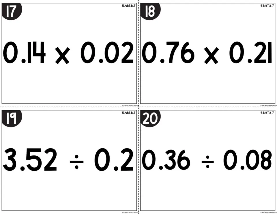 Decimal multiplication and division, cards 17-20: students solve 0.14 x 0.02, 0.76 x 0.21, 3.52 ÷ 0.2 and 0.36 ÷ 0.08