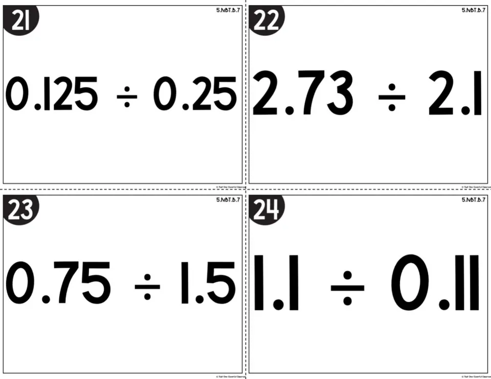 Dividing decimals, cards 21-24: students find quotients for 0.125 ÷ 0.25, 2.73 ÷ 2.1, 0.75 ÷ 1.5 and 1.1 ÷ 0.11