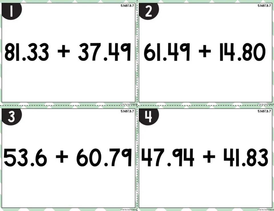Adding decimals, full-color cards 1-4: students solve 81.33 + 37.49, 61.49 + 14.80, 53.6 + 60.79 and 47.94 + 41.83