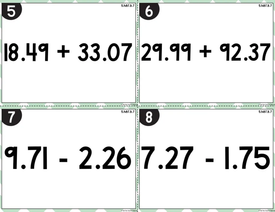 Decimal sums and differences, color cards 5-8: students solve 18.49 + 33.07, 29.99 + 92.37, 9.71 - 2.26 and 7.27 - 1.75