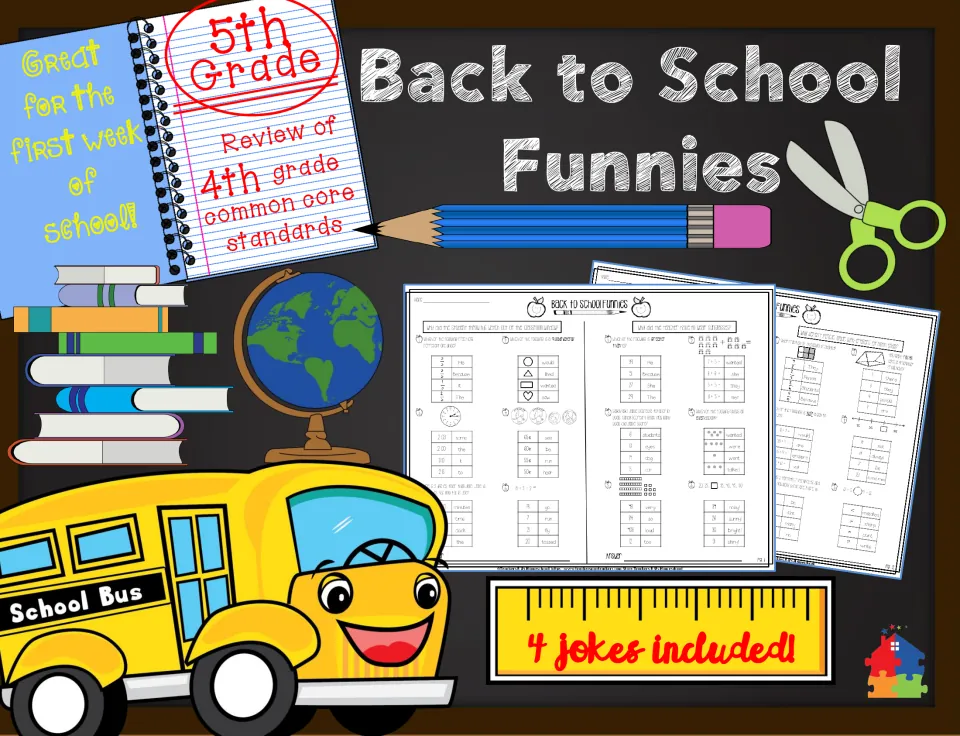 Back to School Funnies cover: 5th grade review of 4th grade standards with math riddle pages, 4 jokes included