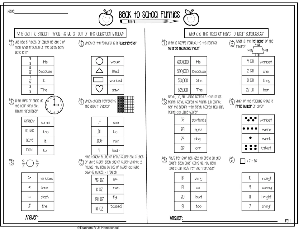 Math riddles: students solve 12 problems on fractions, rounding, angles and perimeter; chosen words answer 2 jokes