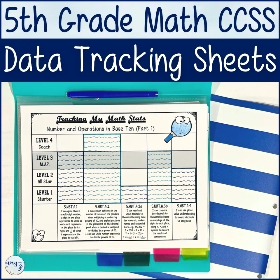 Cover of the fifth-grade math data tracking resource, showing a sample shaded proficiency tracker