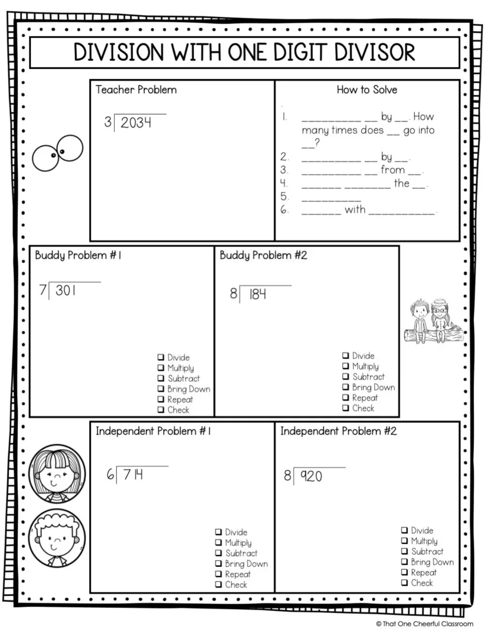 Division with one-digit divisors: students fill in the six-step how-to-solve blanks and solve 301 ÷ 7, 184 ÷ 8 and 714 ÷ 6