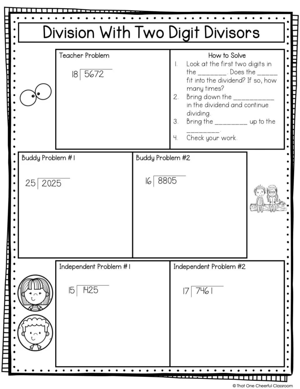 Two-digit divisors: students complete the four how-to-solve blanks, then divide 5672 by 18, 2025 by 25 and 8805 by 16