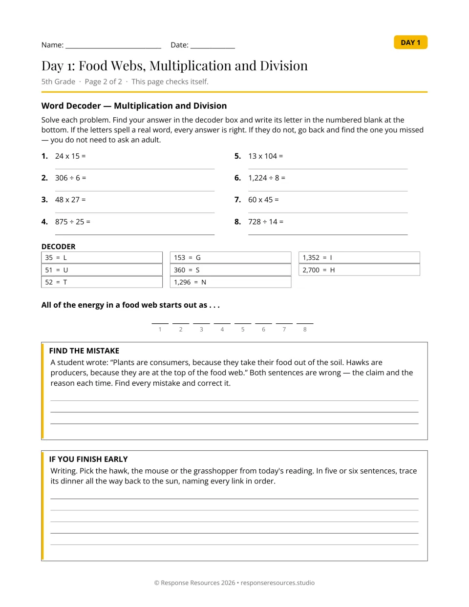 Multiplication and division Word Decoder: students solve 8 problems and decode letters, then correct a food web error