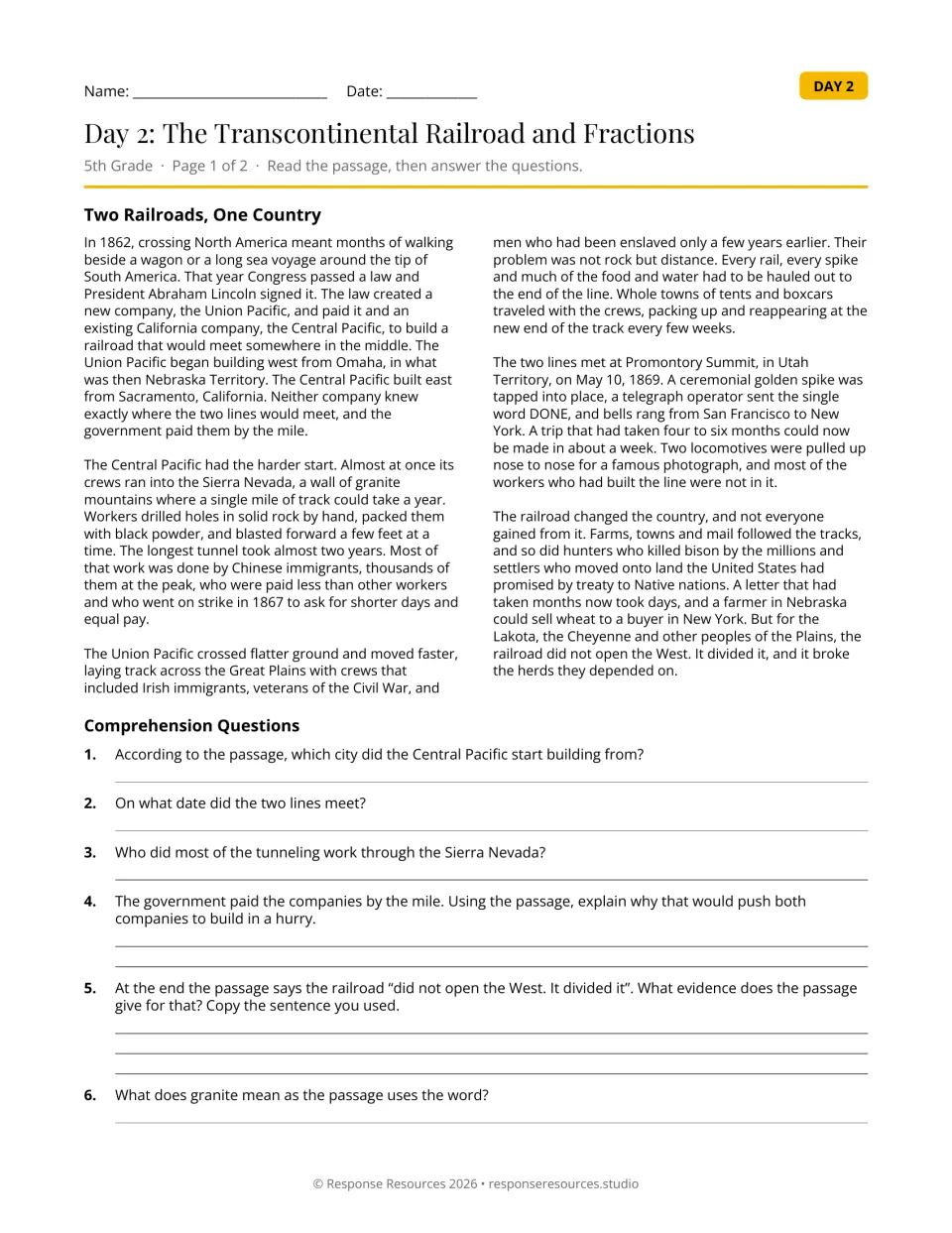 Railroad reading, Two Railroads, One Country: students read about two rail companies and answer six questions