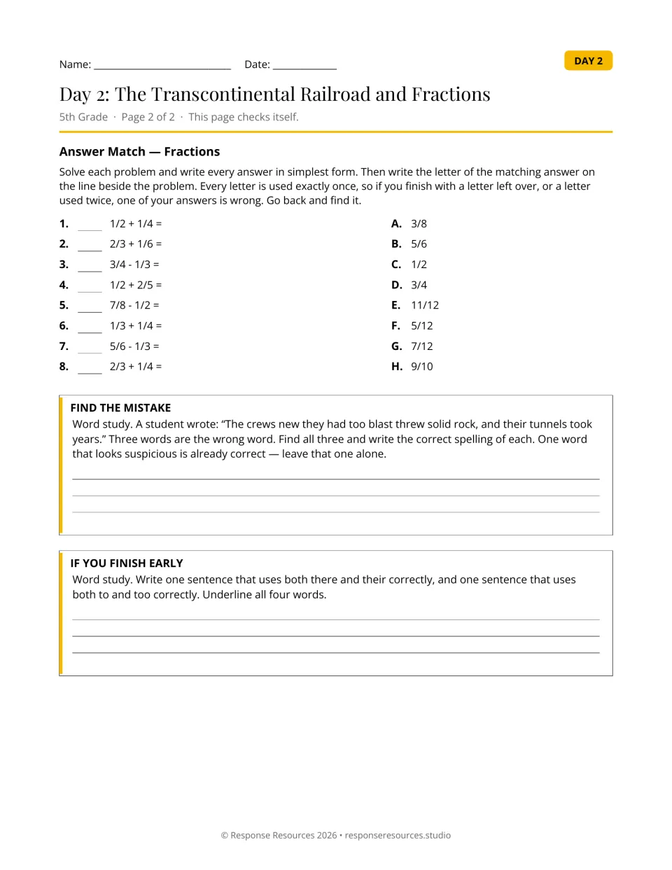 Fractions Answer Match: students solve 8 fraction problems and match lettered answers, then fix homophones