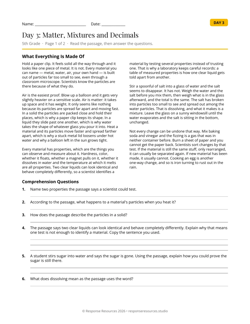 Matter reading, What Everything Is Made Of: students read about particles and mixtures and answer six questions