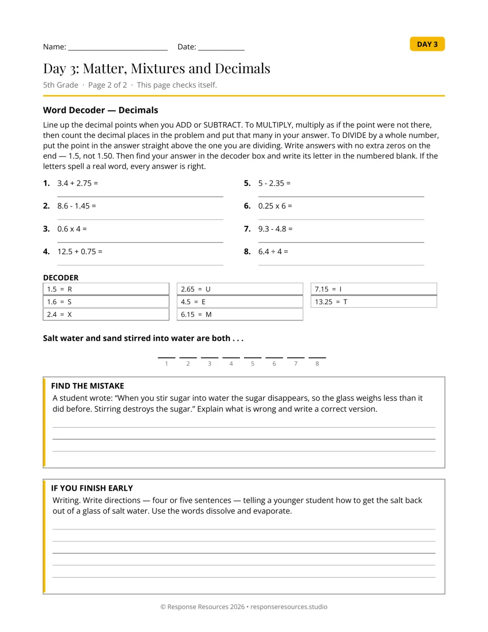 Decimals Word Decoder: students solve 8 decimal problems and decode letters, then explain a sugar-in-water error