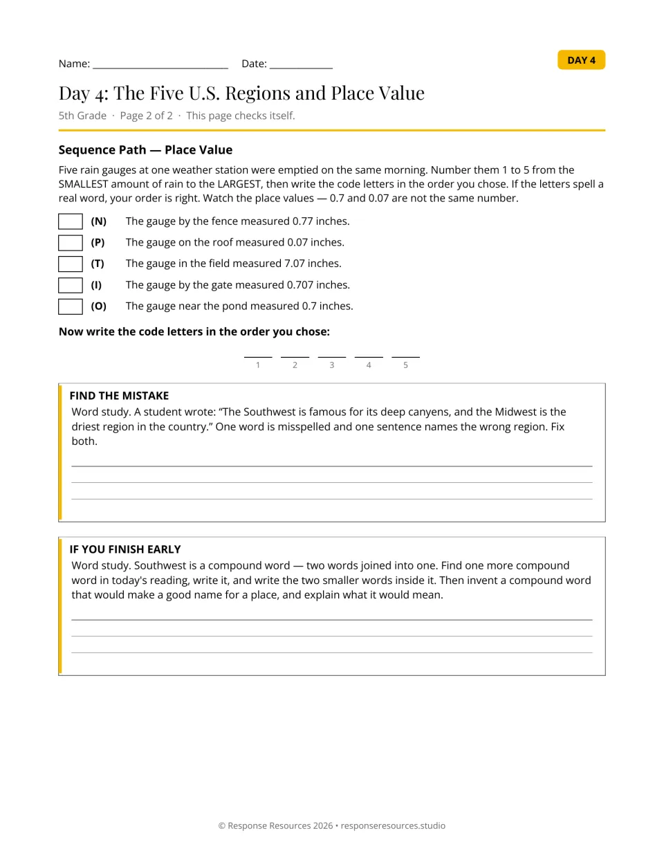 Place value Sequence Path: students order five rain gauge decimals from smallest to largest and write code letters