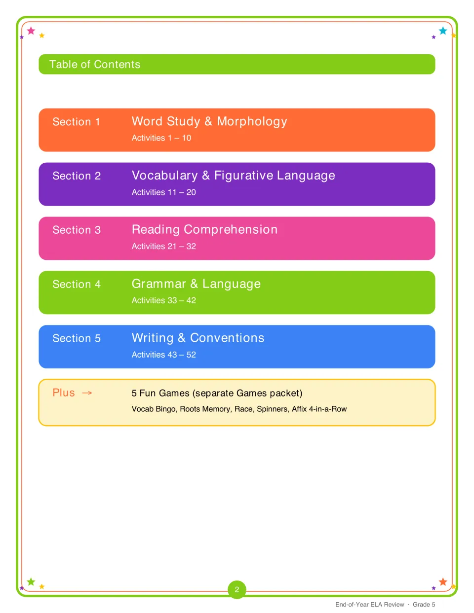 Table of contents listing five sections from word study to writing, plus games like Vocab Bingo, Roots Memory and Spinners