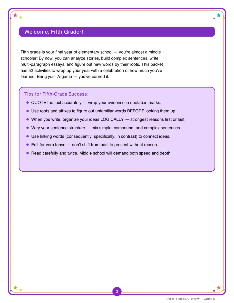 Welcome, Fifth Grader! letter to students with seven success tips: quote text, use roots, vary sentences, edit verb tense