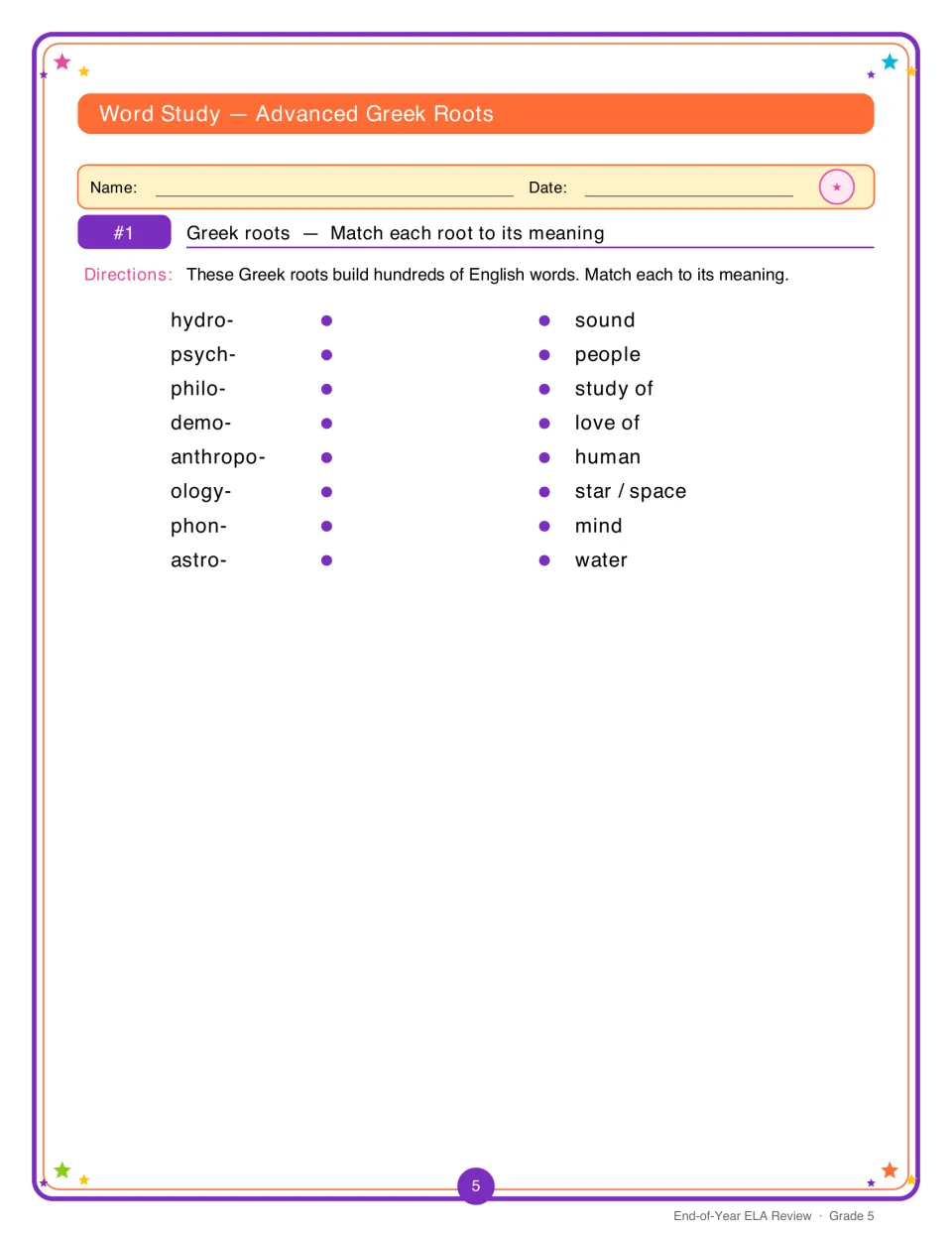 Greek roots matching: students connect hydro, psych, philo, demo, anthropo, ology, phon and astro to meanings like water