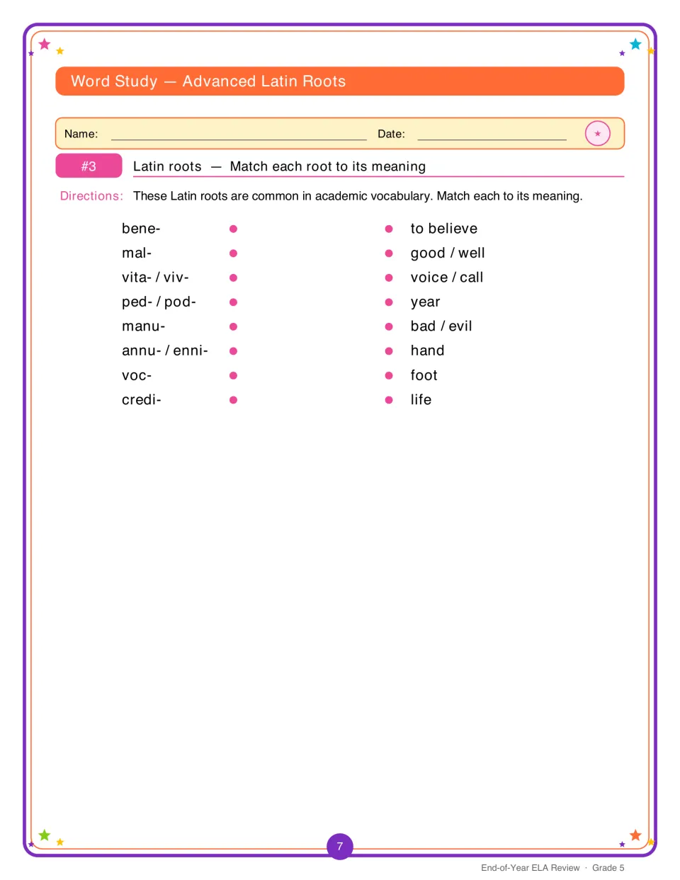 Latin roots matching: students link bene, mal, vita, ped, manu, annu, voc and credi to meanings like good, hand and foot
