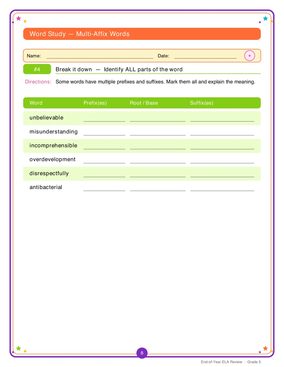 Multi-affix words: students split unbelievable, misunderstanding, antibacterial and more into prefixes, root and suffixes