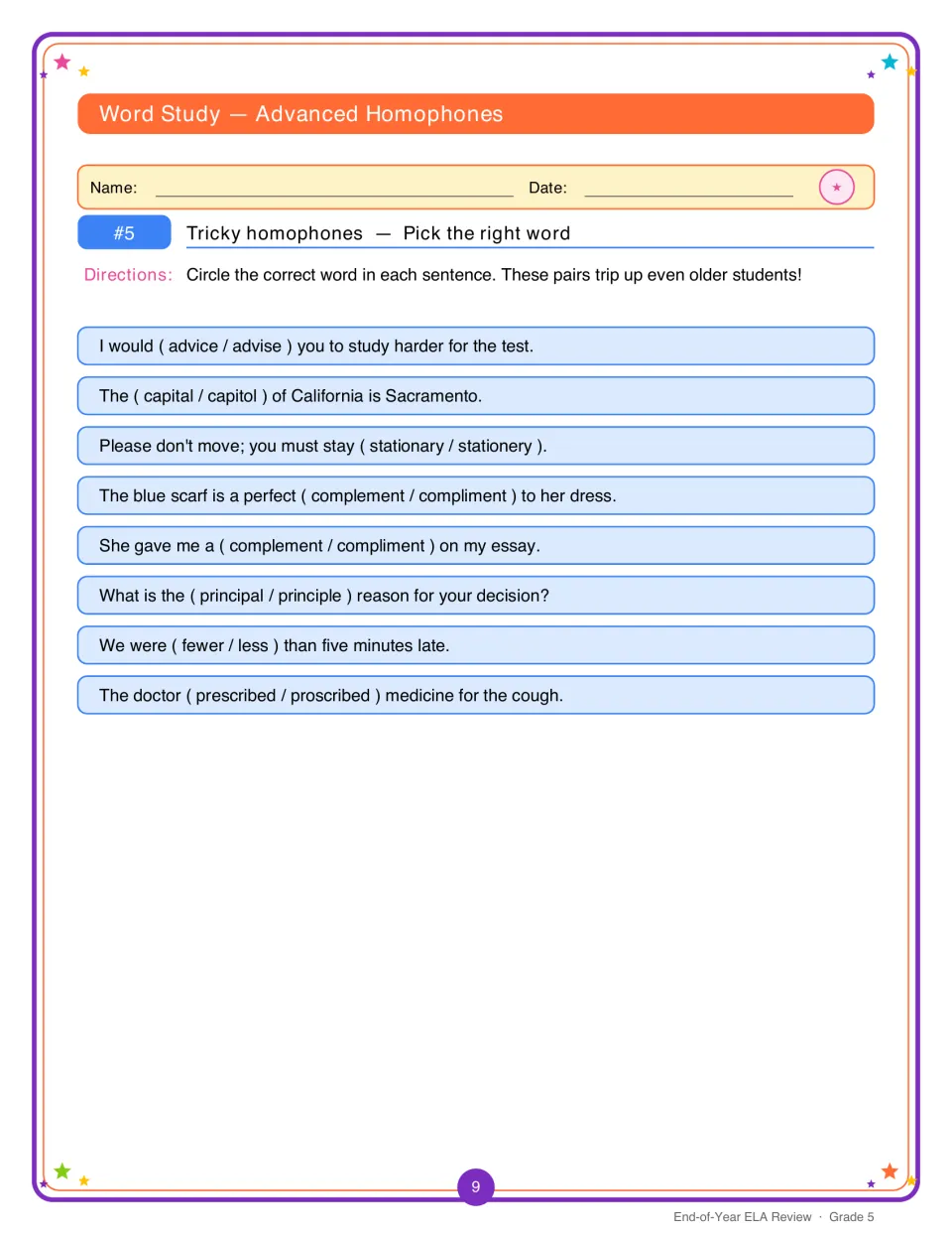 Tricky homophones: students circle the correct word in 8 sentences, such as advice/advise, capital/capitol, fewer/less