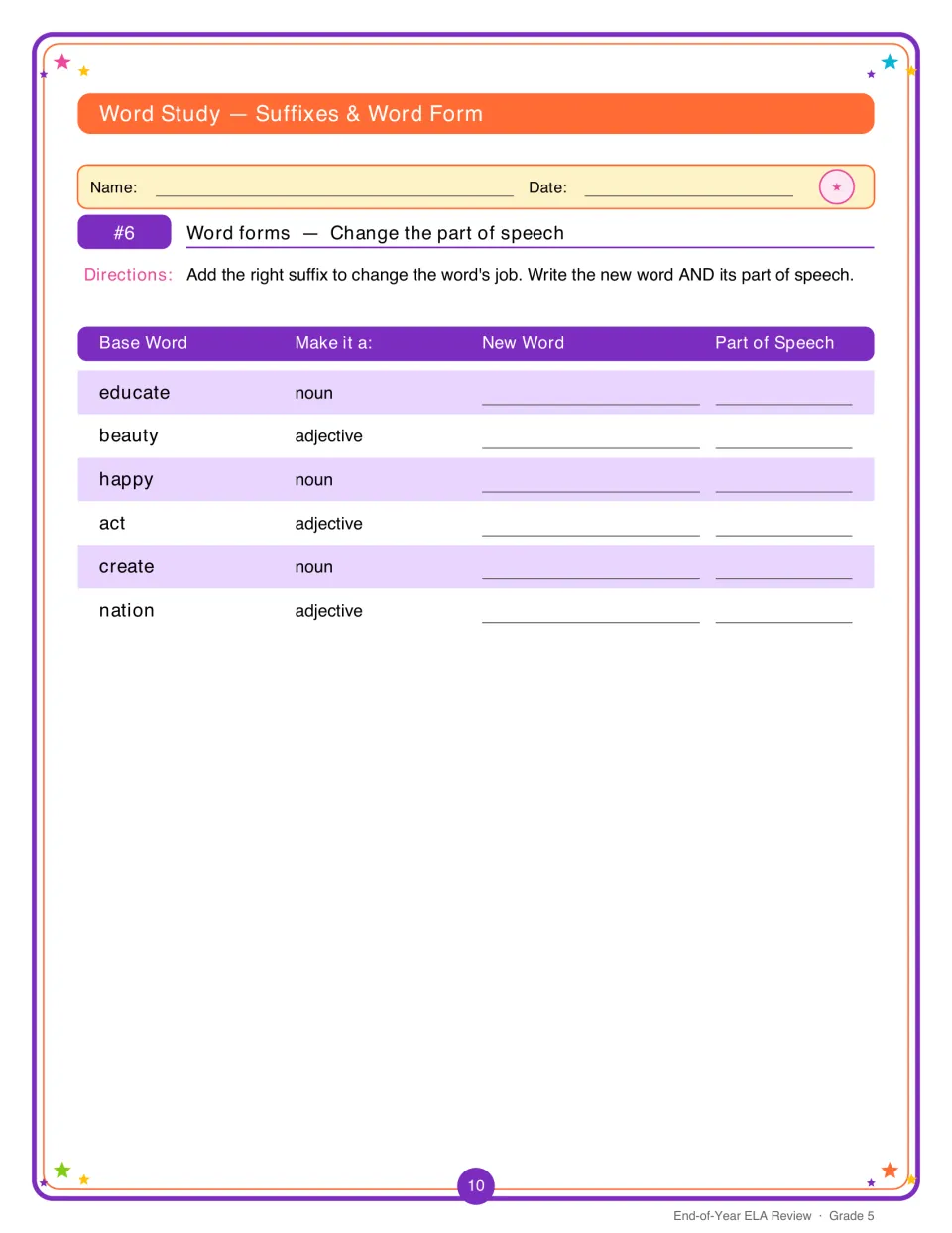 Suffixes and word form: students add suffixes to educate, beauty, happy, act, create and nation to change part of speech