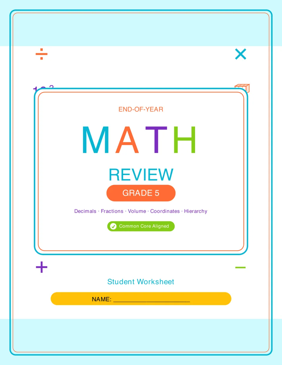 End-of-Year Math Review Grade 5 student worksheet cover naming decimals, fractions, volume, coordinates and hierarchy