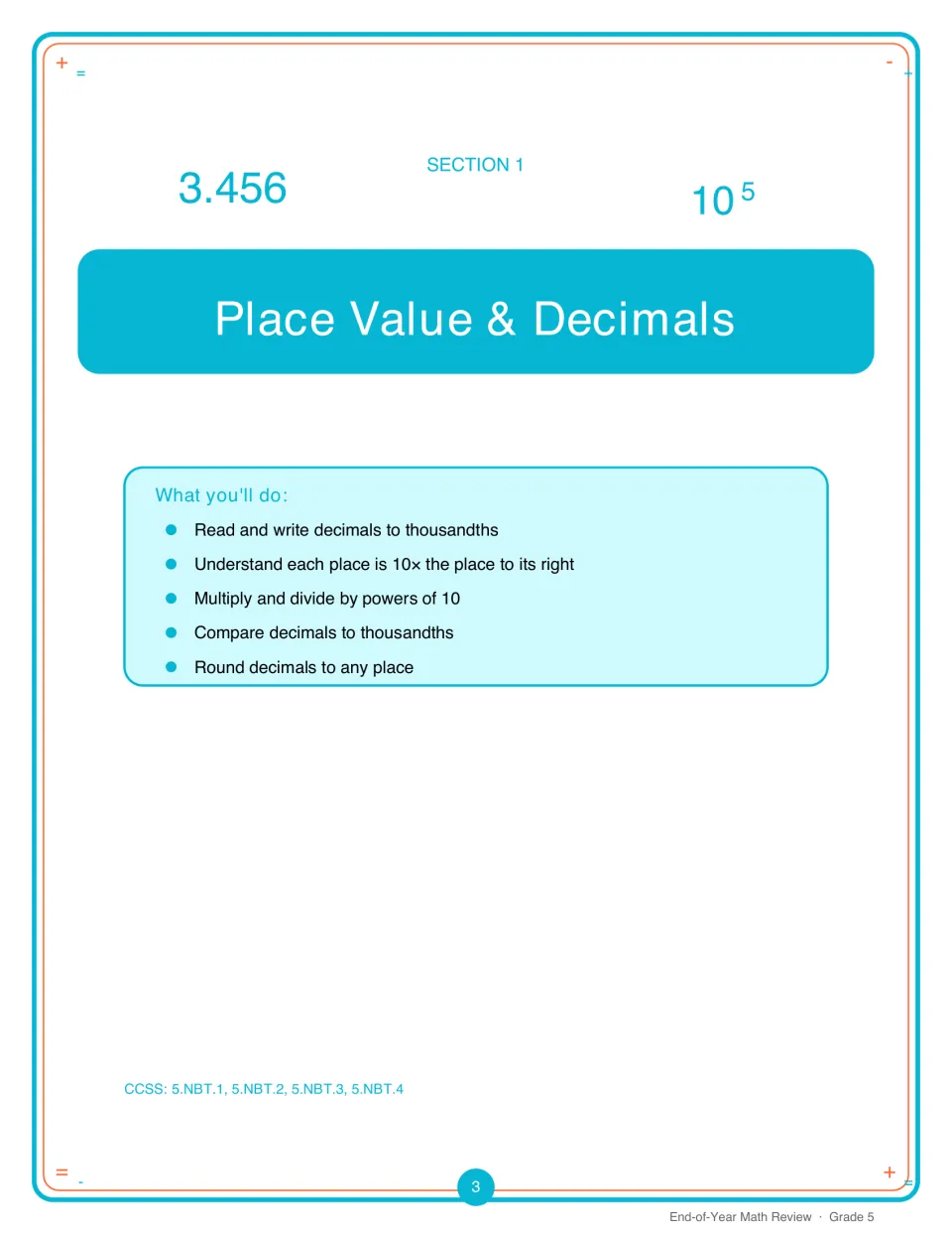 Section 1 opener, Place Value & Decimals: goals for thousandths, powers of 10, comparing and rounding