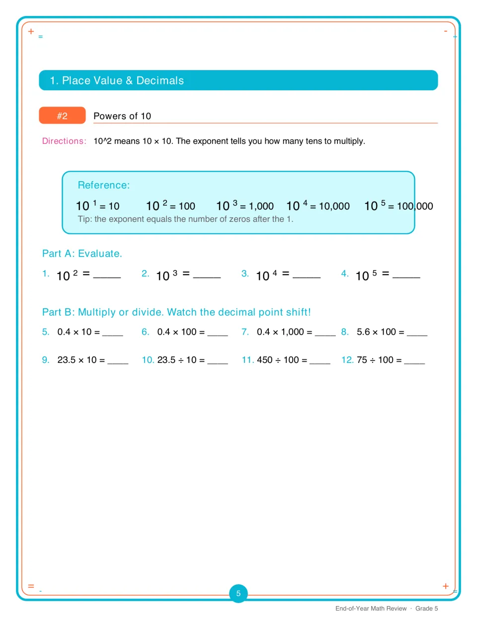 Powers of 10: students evaluate 10² to 10⁵, then multiply and divide decimals by 10, 100 and 1,000 as the point shifts
