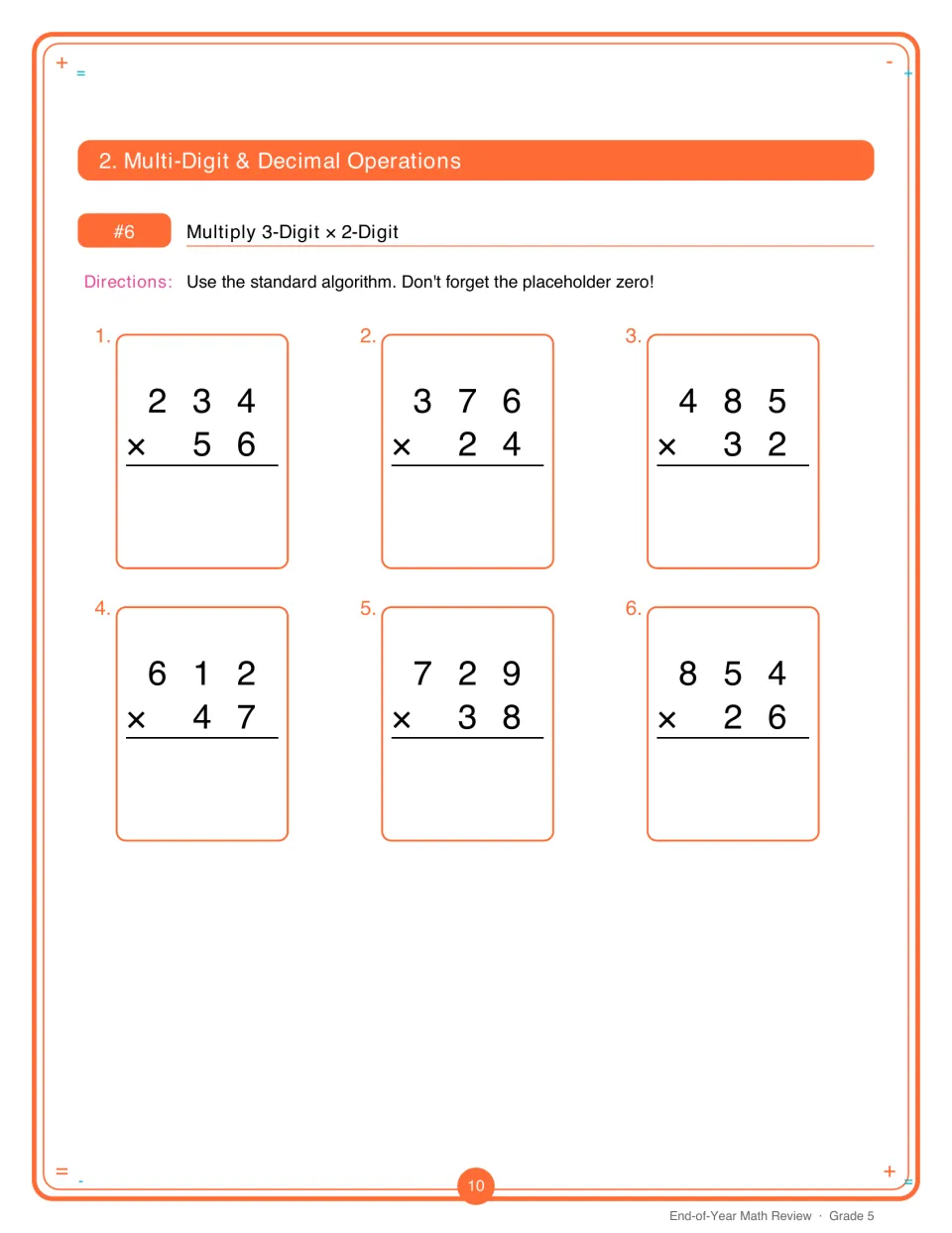 Multiplying 3-digit by 2-digit numbers: students solve six problems like 234 × 56 with the standard algorithm