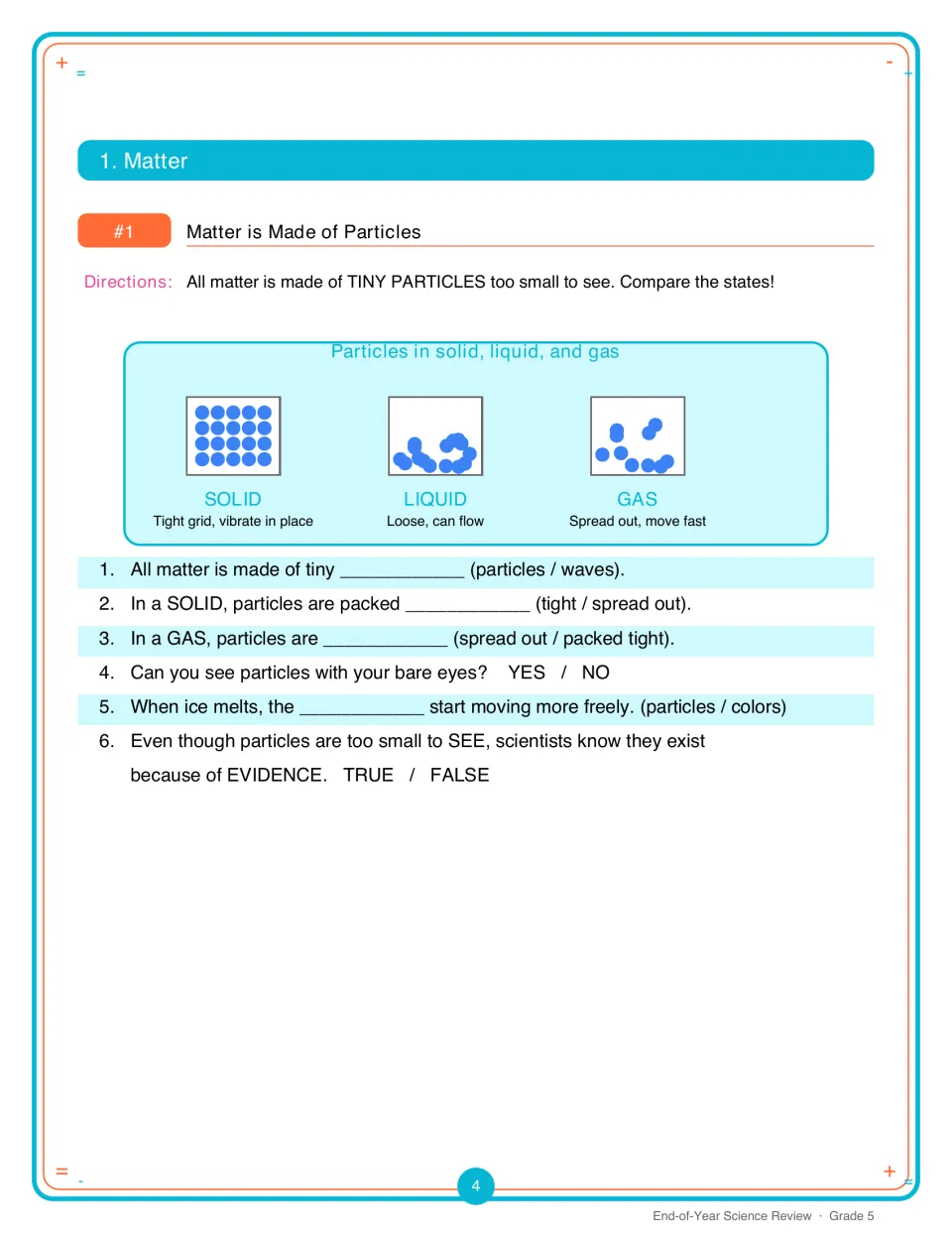 Matter is made of particles: students compare solid, liquid and gas particle models, then fill blanks and answer yes/no