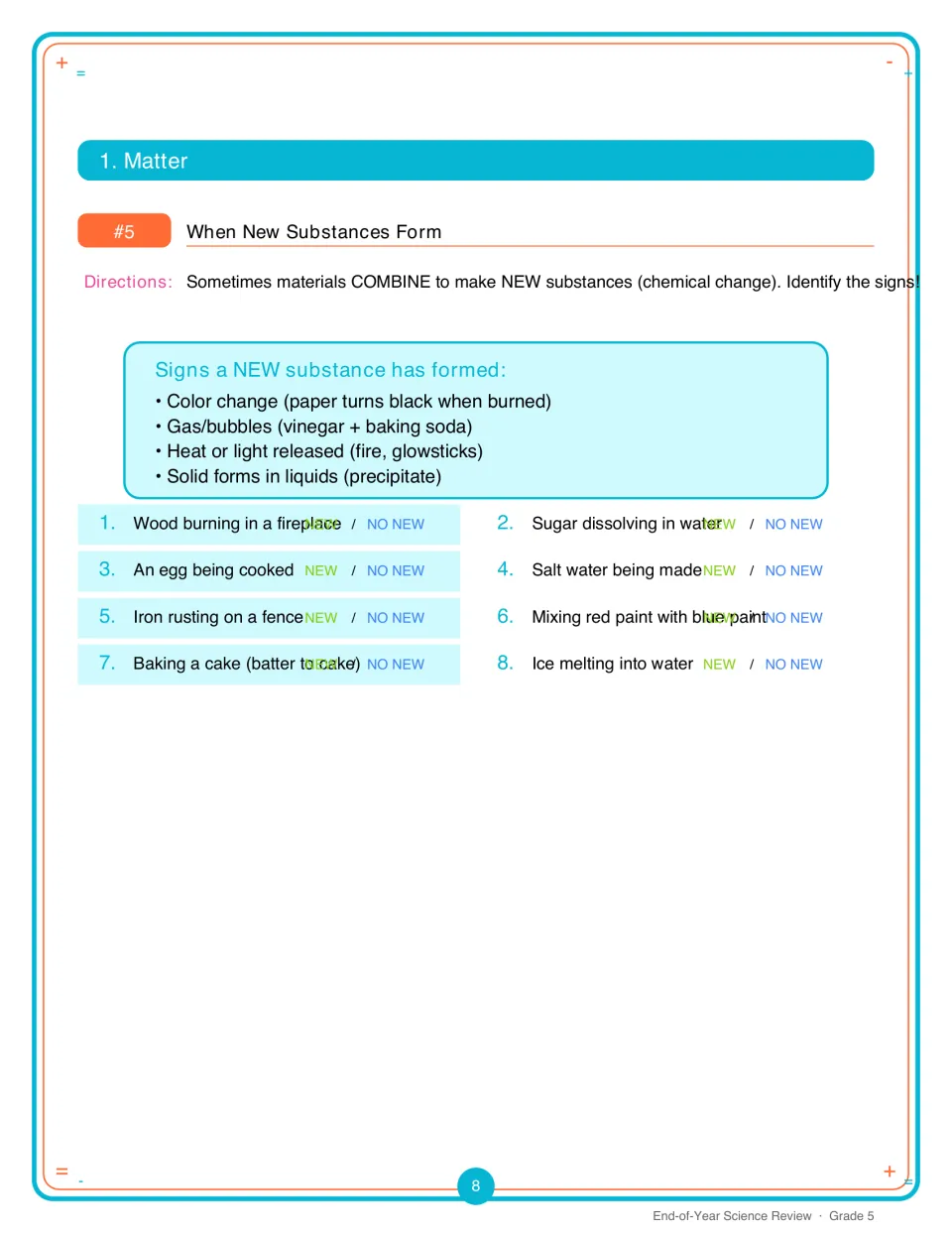 When new substances form: using signs of chemical change, students mark 8 events such as rusting or melting NEW or NO NEW