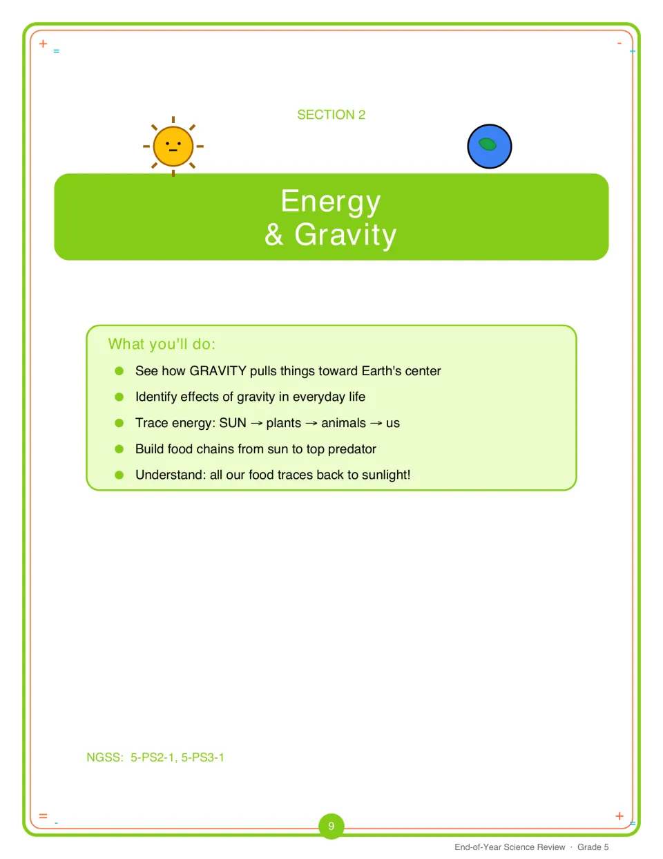 Section 2 Energy & Gravity opener: goals on gravity toward Earth's center and tracing energy from sun to food chains