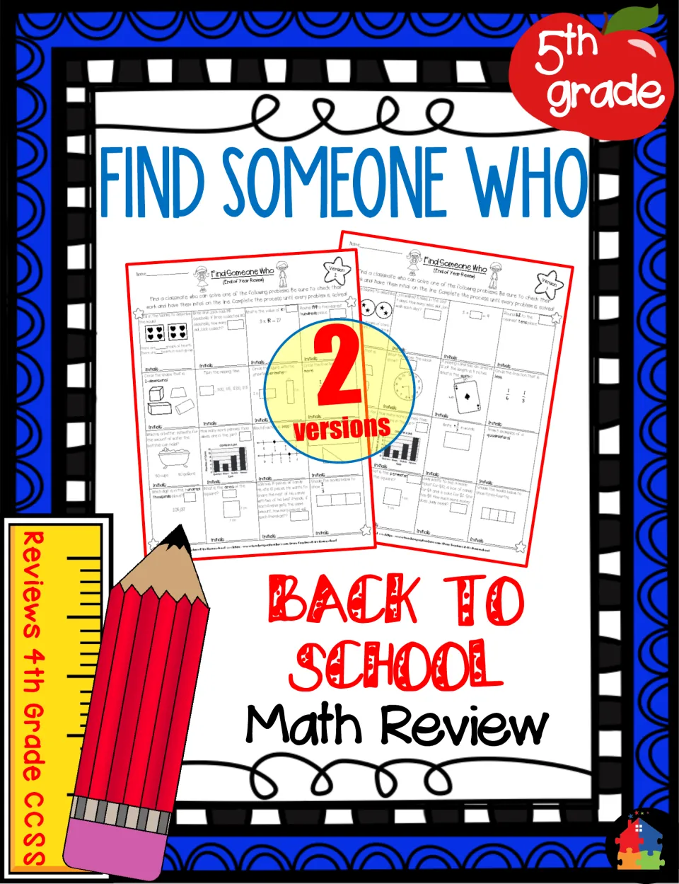 Cover: Find Someone Who back-to-school math review with 2 versions, showing two tilted mingle sheets of partner problems
