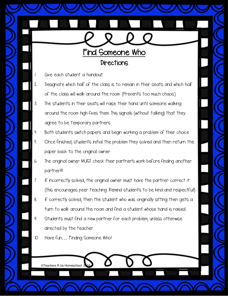 Find Someone Who directions: 10 steps for pairing students by high five, trading papers and checking each other's work