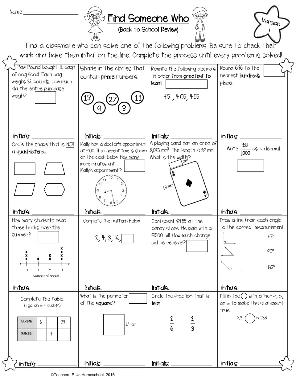 Version 1 review: students ask classmates to solve 16 problems on rounding, primes, decimals, time, angles and perimeter