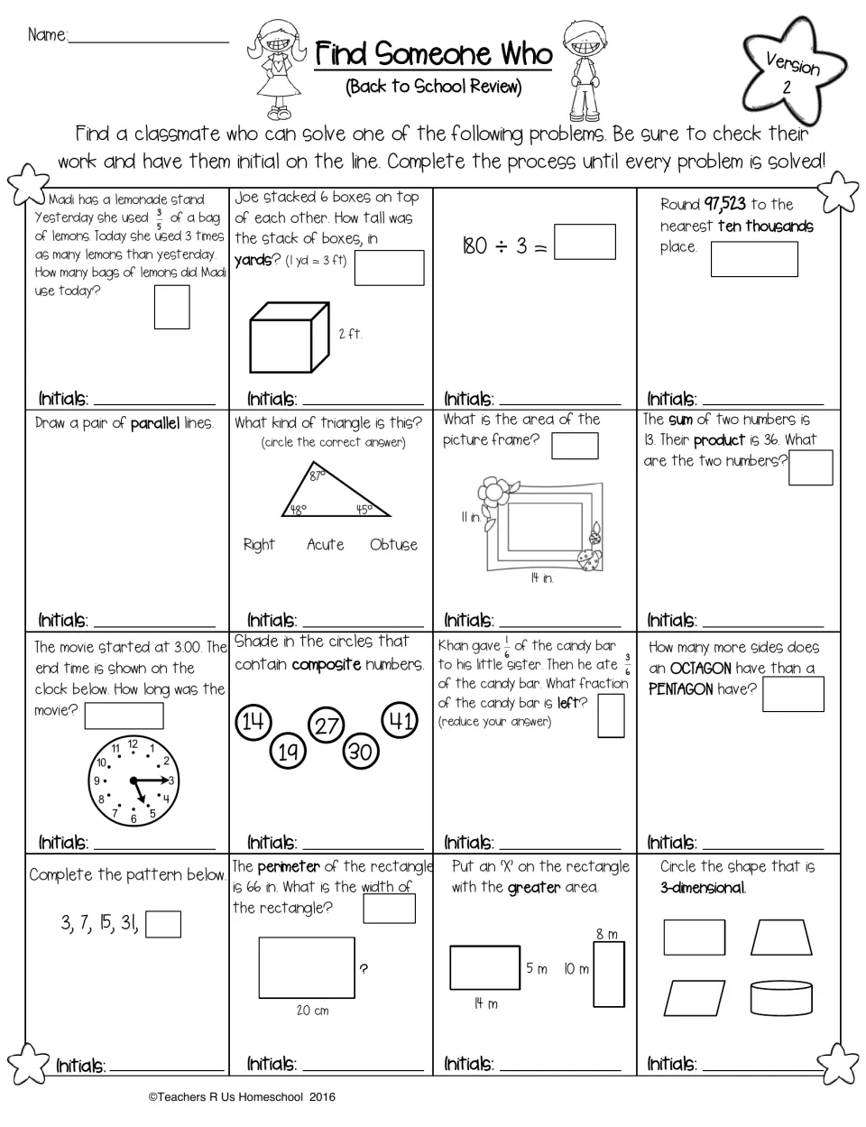 Version 2 review: 16 partner problems on fractions, rounding 97,523, triangle types, area, composite numbers and 3-D shapes