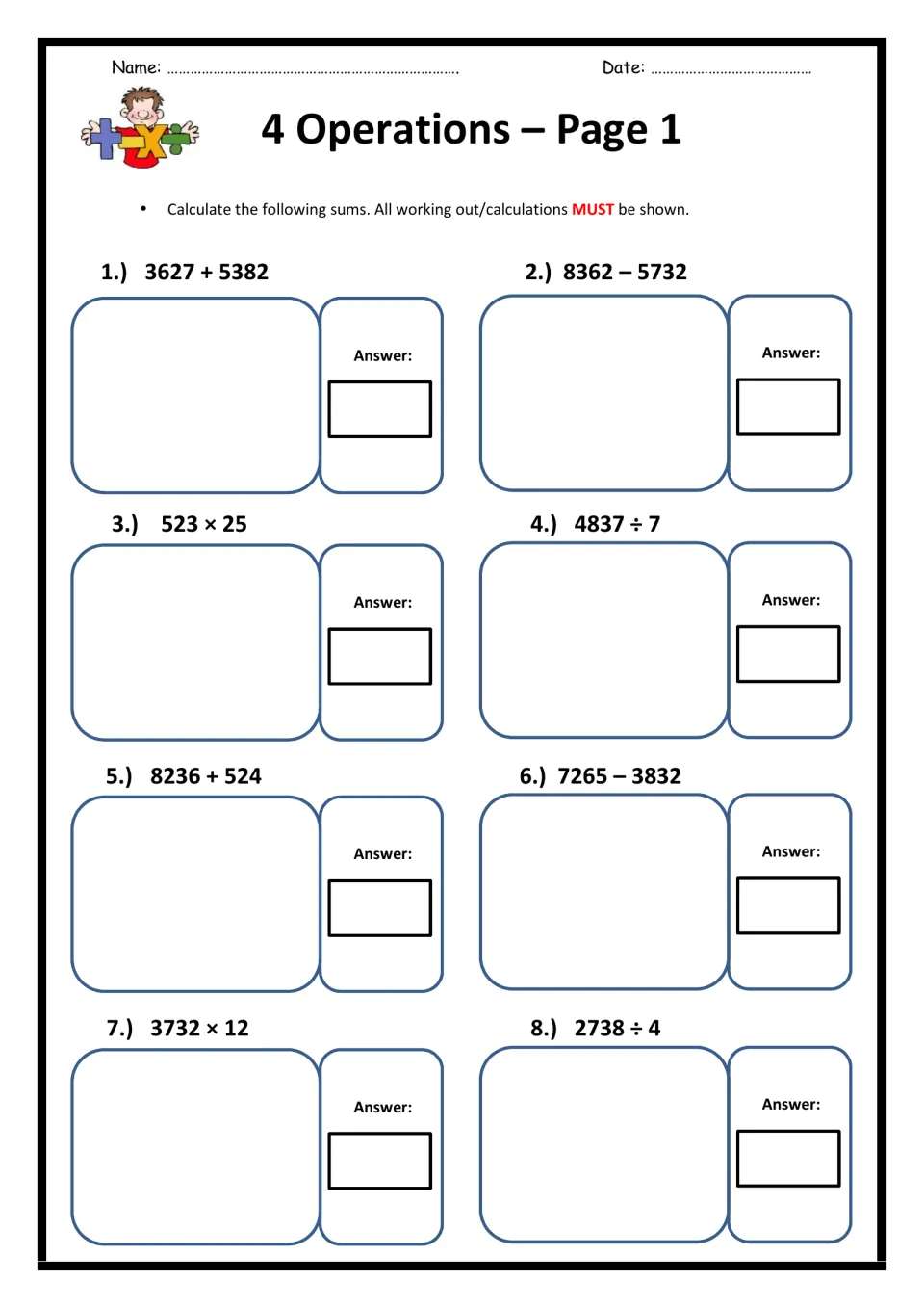 4 Operations Page 1: students solve 8 multi-digit problems, adding, subtracting, multiplying and dividing with work shown