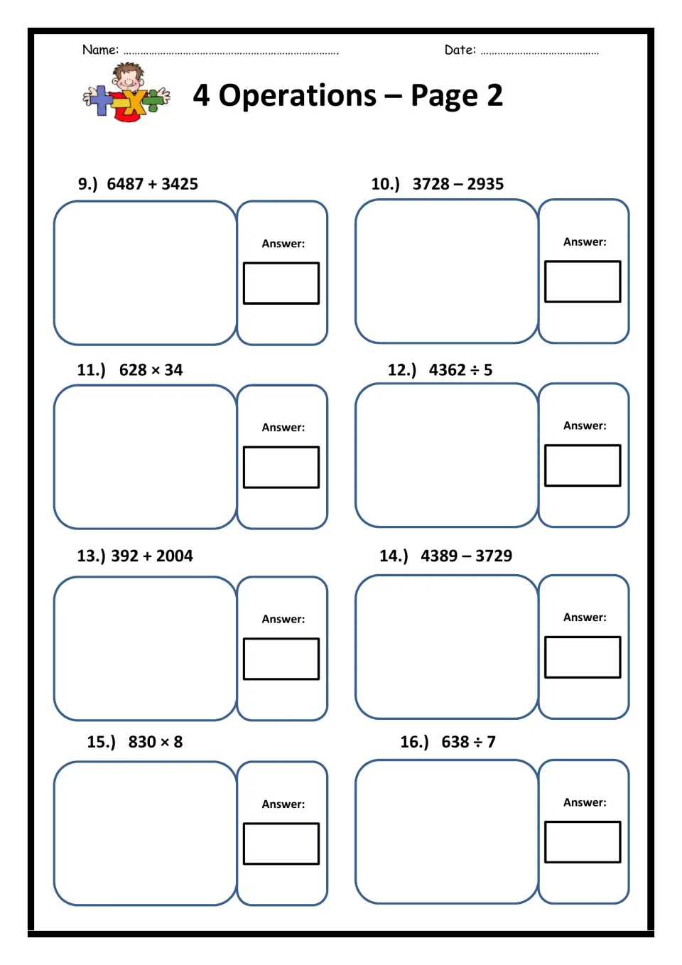 4 Operations Page 2: students solve problems 9 to 16, mixing multi-digit addition, subtraction, multiplication and division