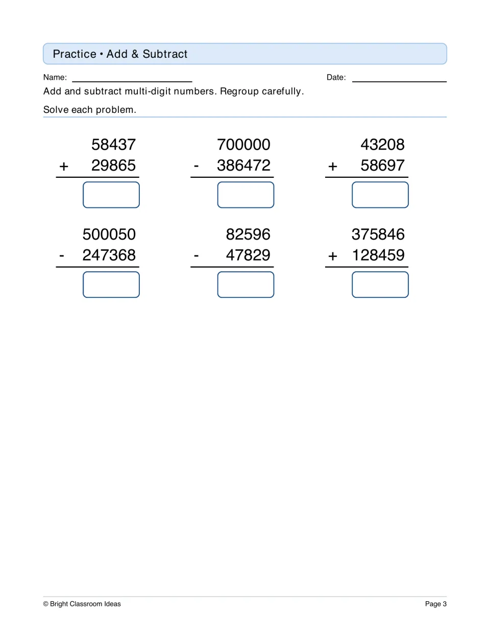 Multi-digit addition and subtraction: students solve six vertical problems with regrouping, including 700000 - 386472