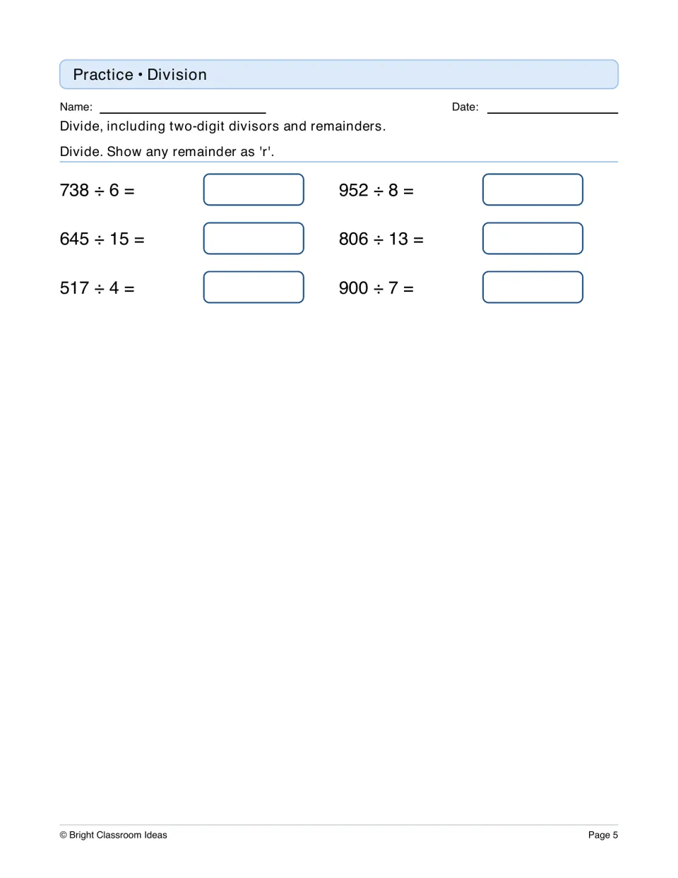 Division practice: students solve six problems like 738 ÷ 6 and 645 ÷ 15, showing any remainder as r