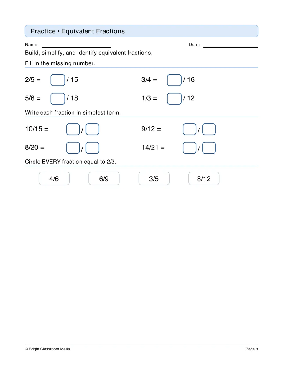 Equivalent fractions: students fill in missing numerators, simplify fractions like 10/15 and circle all equal to 2/3