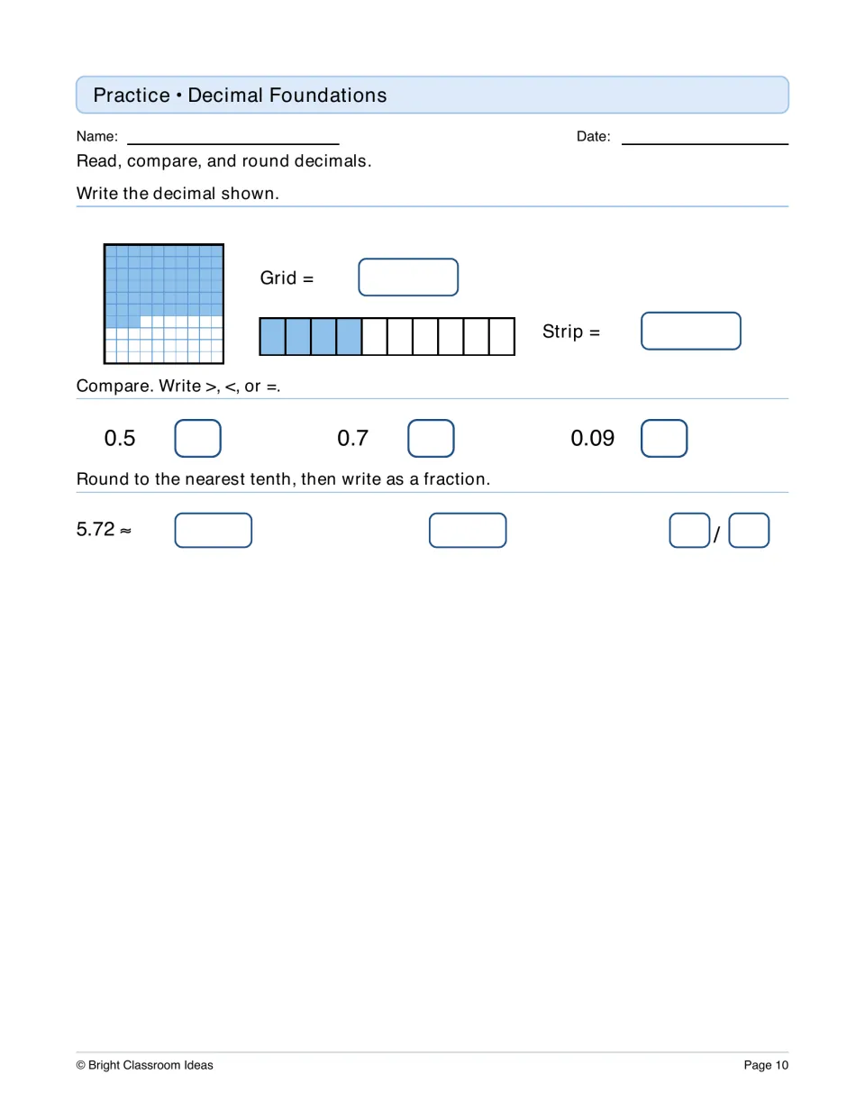 Decimal foundations: students name decimals from a shaded grid and strip, compare decimals and round 5.72 to a tenth